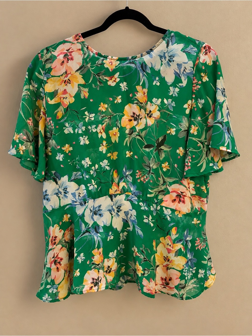 LOFT Green Floral Flutter-Sleeve Blouse